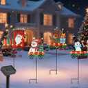 Lewondr 4 PCS Christmas Decorations Outdoor, 23" Solar Metal Train Garden Stakes, Xmas Yard Signs with Led Light, Waterproof Solar Garden Decor for Pathway Yard Lawn Patio