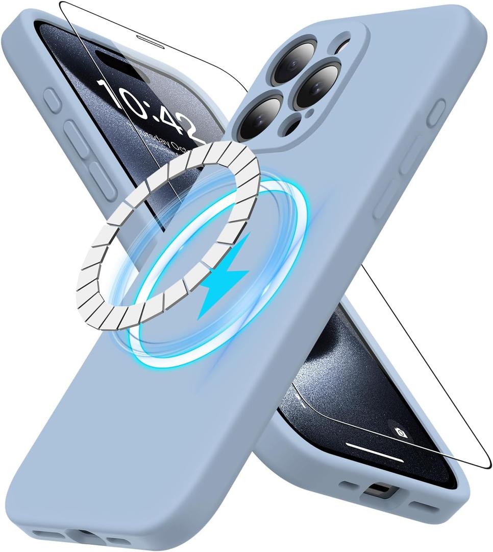 Goodon Magnetic for iPhone 15 Pro Case Silicone with Screen Protector - [Compatible with MagSafe] - Slim Fit Soft Cover - Shockproof Protective Phone Case 6.1" for Men Women Girls - Light Blue (iPhone 15 Pro 6.1", Light Blue Magsafe)