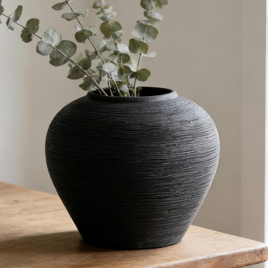 Black Rustic Farmhouse Ceramic Vase, 6.8 Inch Vintage Terracotta Flower Vases for Home Decor, Pottery Large Vases for Living Room Decor Table Entryway Bedroom