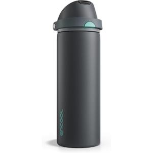 Insulated Water Bottle with Straw - Encool Stainless Steel Water Bottle with Push Button Lid, Leak-Proof & BPA-Free, Keeps Cold for 24 Hours for Sports, Travel, Gym (24 oz, Tuna Grey-Green)