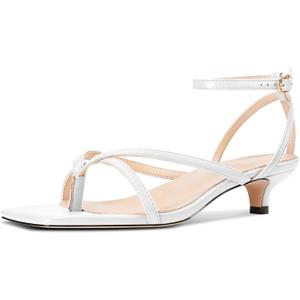 Usikall Womens Low Kitten Heel Square Toe Sandals Ankle Strap Buckle Casual Basic Classic 1.4 Inches Heels (9, White)