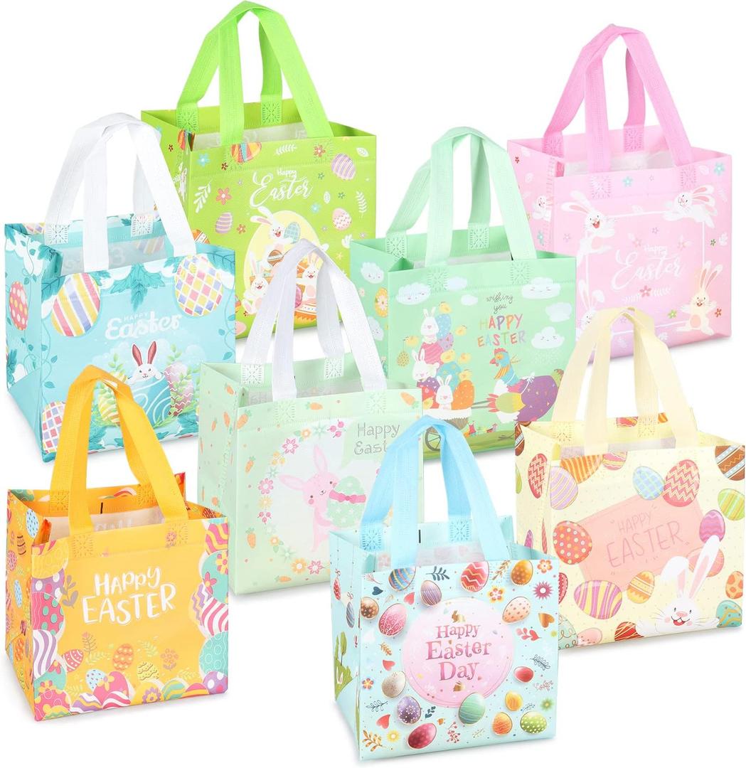 8PCS Happy Easter Egg Hunt Bags Easter Bunny Carrot Chick Egg Gift Bags with Handles, Easter Treat Bags, Easter Party Supplies , 8.37.95.9inch (Orange Pink Blue Green)