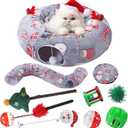 Dansydaisy 9 Pcs Cat Tunnel Under Christmas Tree, 3ft Cat Donut Tunnel with Plush Cushion and 8 Toys Cozy Washable Cave for Kittens Small Medium Pets Rabbits Gifts for Christmas (Gray)