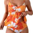 SweatyRocks Women's Floral Print Twist High Waisted Tankini Swimsuit 2 Piece Bathing Suit (Orange, XL)