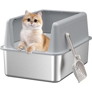 Stainless Steel Cat Litter Box with Lid,XL,19.7 L x 13.8 W x 11.8H Deep,Large Metal Litter Box with High Side,for Small and Large Cats,Anti-Leakage Non-Sticky Easy Cleaning Include Litter Scoop
