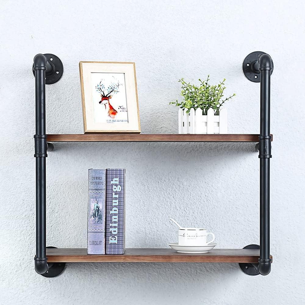 Industrial Pipe Shelving Wall Mounted,24in Rustic Metal Floating Shelves,Steampunk Real Wood Book Shelves,Wall Shelf Unit Bookshelf Hanging Wall Shelves,Farmhouse Kitchen Bar Shelving(2 Tier)