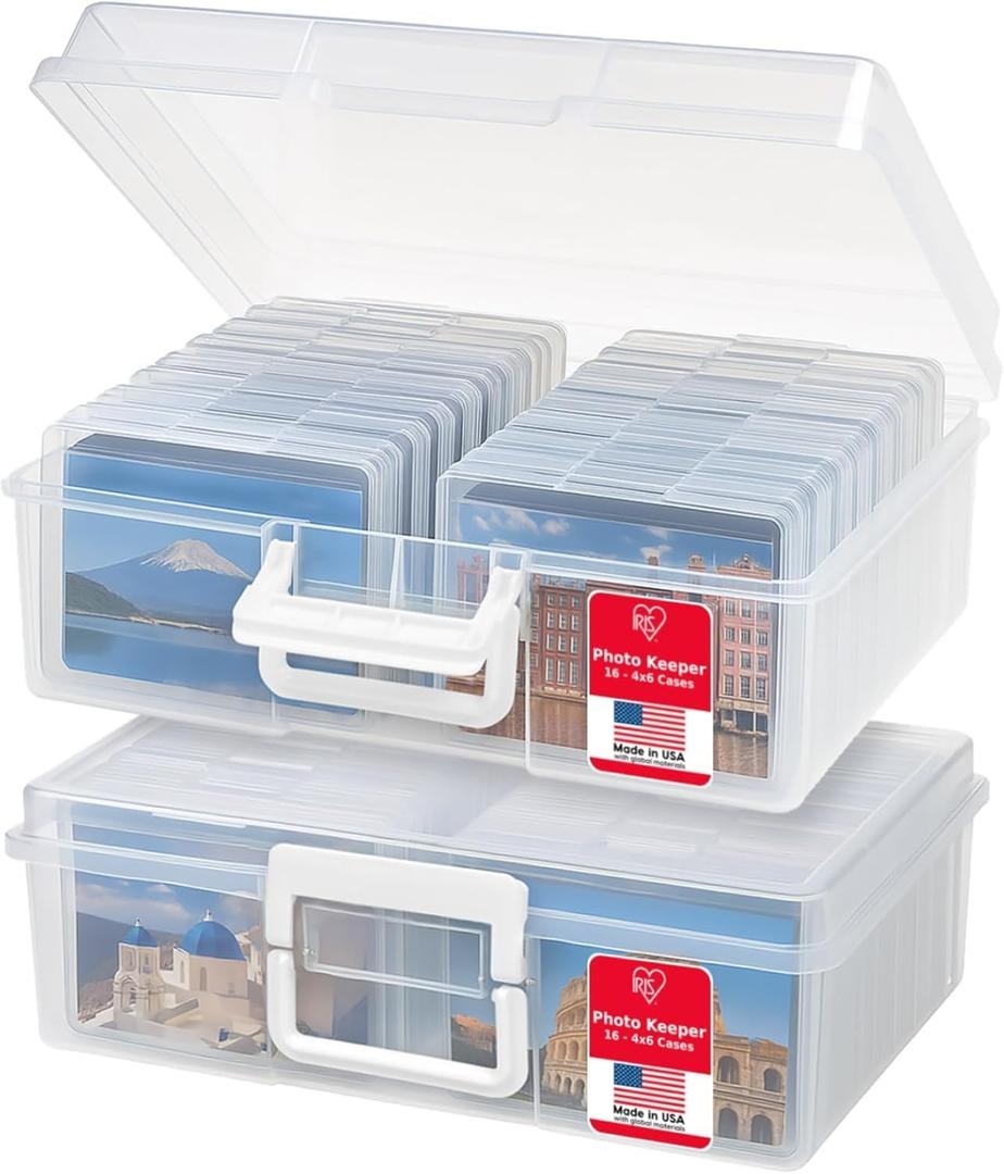 IRIS USA 4" x 6" |Made in USA| 2-Pack Photo Organizers and Picture Storage Box with Handle, 16 Inner Cases/Containers for Tasks, Stickers, Ephemera, & Flashcards - Clear