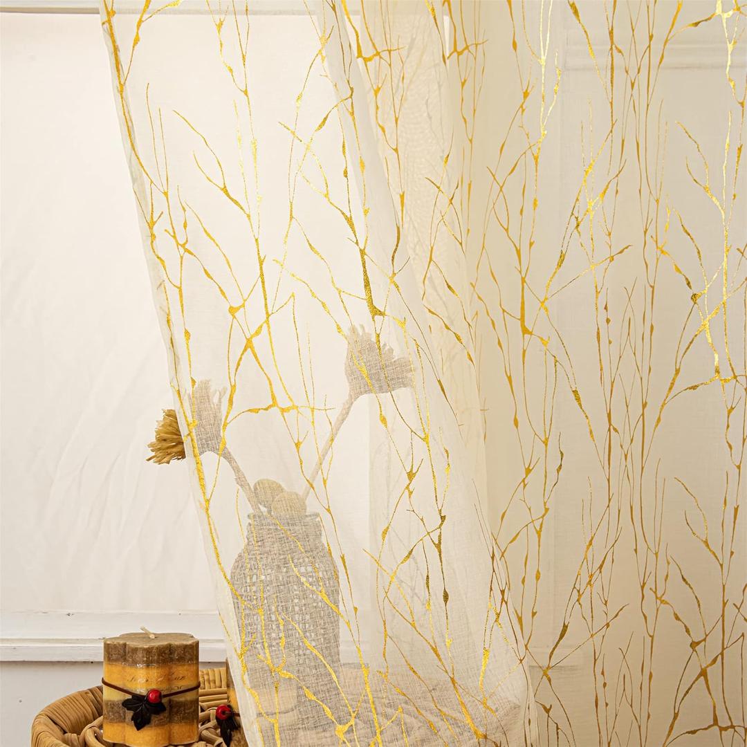 Deeprove Cream Sheer Curtains 84 inchs Long 2 Panels Set, Tree Branch Gold Foil Print Metallic for Bedroom Abstract Christmas Decor,Ivory Voile Window Treatment Drapes Pair, Rod Pocket, W52 x L 84" 