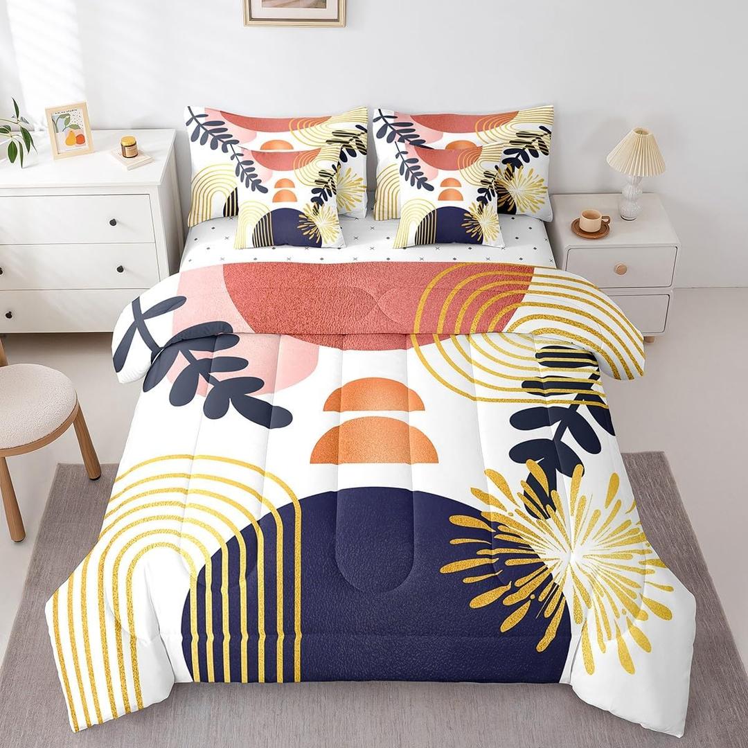 Boho Mid Century Bed in a Bag Queen Comforter Set 7 Piece,Abstract Geometric Modern Minimalist Bedding Sets Geometry Line Art Sheet Set with Comforter,Circle Graphic Ombre Stripes Bed Set,Orange Blue