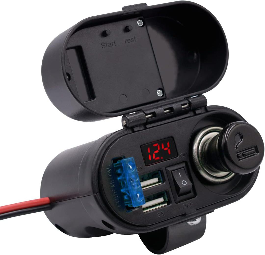 BlueFire 5V/3A Dual USB Charger Socket Waterproof Motorcycle Handlebar & Rear View Mirror Clamp Power Adapter Charger with Cigarette Lighter Socket, Voltmeter for Phones/Tablets/GPS (Black 1)