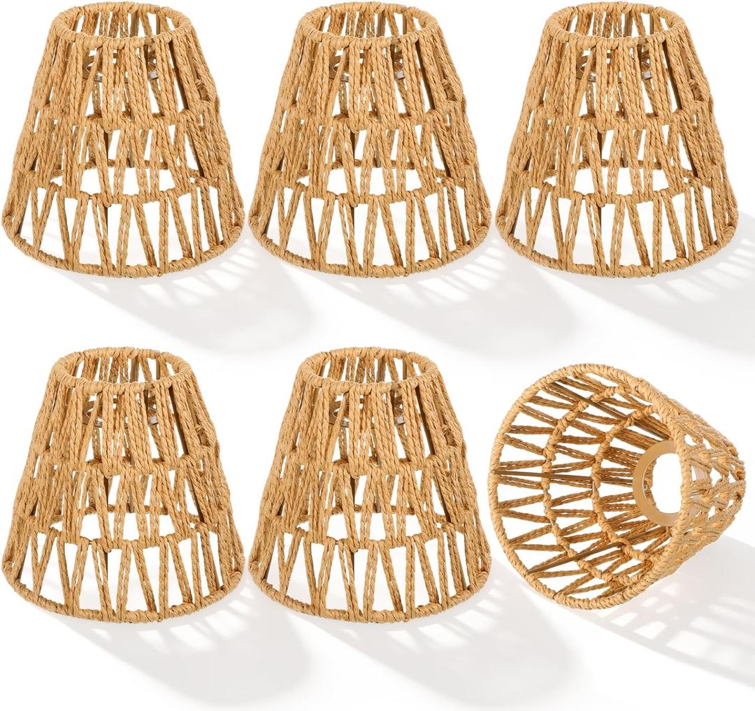 6 Pcs E26/27 Small Rattan Lamp Shade, Boho Wicker Lamp Shades Vintage Handwoven Hanging Light Shade Metal Frame for Pendant Light, Floor Lamps, Wall Sconce 5.1" H x 5.9" D x 3.14" Fitter