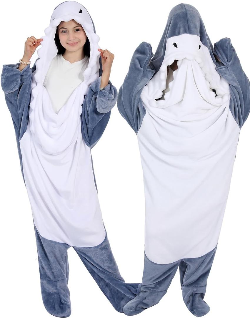 Shark Blanket Hoodie Kids Wearable Blanket Gifts for Girls Onesie, Blue Shark, 140