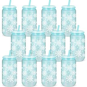 12 Pcs Winter Snowflake Christmas Cups Reusable 16 oz Acrylic Plastic Iced Coffee Cups with Lids and Straws Snowflake Drinking Blue Tumbler for Winter Xmas Decoration Party Gift Supplies