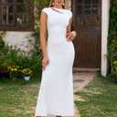 KUTUMAI Women Ruched Bodycon Maxi Dress Elegant Cutout Cap Sleeve Long Formal Cocktail Party Wedding Guest Dresses White M (White, M)