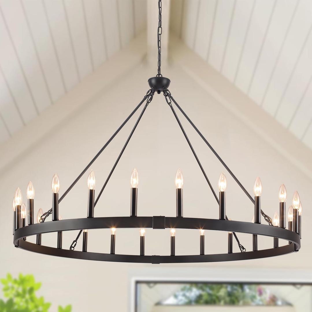 48" 24-Light Wagon Wheel Chandelier Farmhouse, Extra Large Chandeliers for High Ceilings, Industrial Vintage Black Chandeliers for Dinning Room, Entryway, Foyer, Living Room