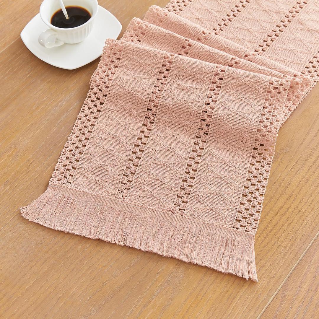 YATOJUZI Pink Table Runner Pure Pink Boho Table Runners with Tassels 48 Inches Seasonal Small Table Runner Rustic Farmhouse Table Runners for Bohemian Dining Bedroom Kitchen Decor 12x48 Inches