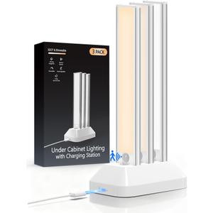Under Cabinet Lighting with Charging Station, 2200mAh Rechargeable Motion Sensor Light Indoor, Dimmable Closet Lights with 3 Color Tempers, Magnetic Under Cabinet Lights for Kitchen Wireless, 3-Pack