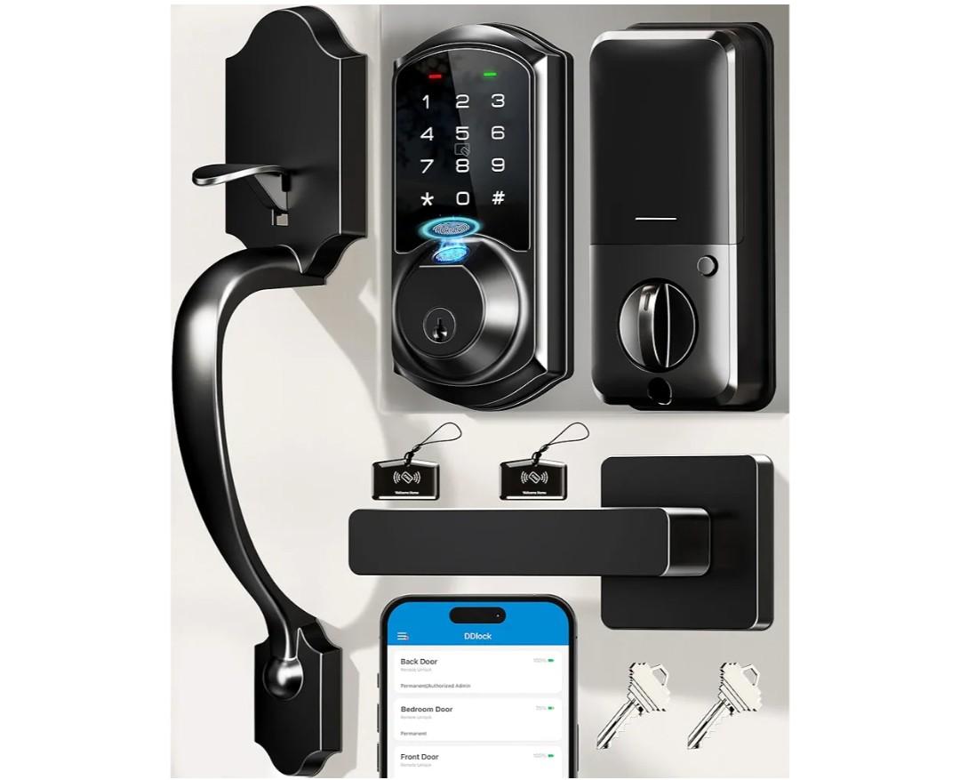 Veise VE07-H Fingerprint Smart Locks for Front Door with Handle Set, App Control, Keyless Entry Keypad Deadbolt, Digital Electronic Touchscreen, Easy Install, Auto Lock, Matte Black