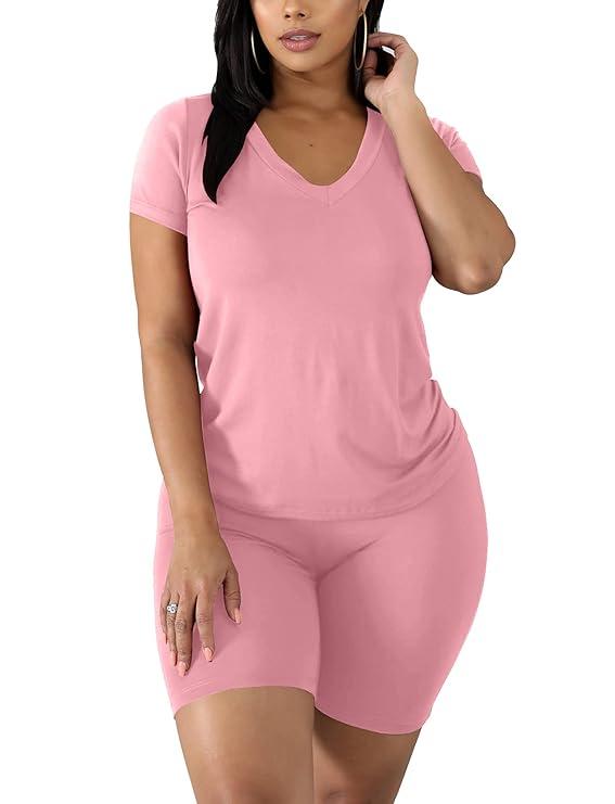 Women's Causal 2 Piece Outfits Workout V Neck Tops Shirt Sexy Legging Biker Shorts Set Size M