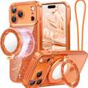 Meifigno Designed for iPhone 17 Pro Max Magnetic Case with Removable Phone Ring Stand, Glitter Card & Wrist Strap, Compatible with MagSafe, Built in Mirror, Phone Ring Holder + Case Kit, Orange