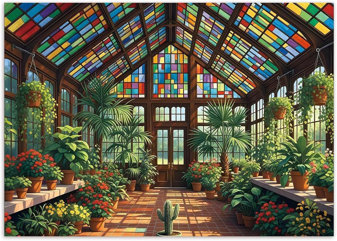 1000 Piece Jigsaw Puzzle for Adults - Stained Glass Garden Greenhouse 27.6 x 19.7in Mindful Brain Challenge & Artistic Home Decor for Family Gatherings