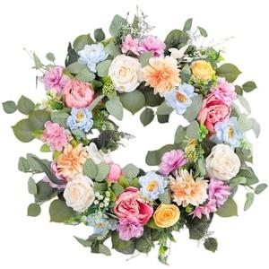 Spring Wreaths for Front Door,Summer Wreath with Peony Rose and Dahlia Flowers,24 Inch Floral Door Wreath for All Seasons Outside Outdoor Indoor Wall Wedding Holiday Home Decor