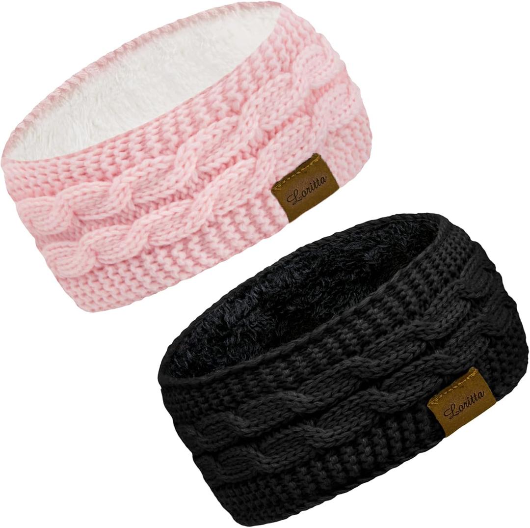 Loritta 2 Pack Headbands for Women Winter Warm Cable Knit Ear Warmer Thick Head Wrap Fuzzy Fleece Lined Gifts (Ad Solid Color- 2 Pack(Black+Pink))
