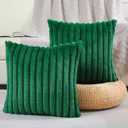 FUTEI Emerald Green Striped Decorative Throw Pillow Covers 20x20 Inch Set of 2,Square Spring Decorations Couch Pillow Case,Soft Cozy Faux Rabbit Fur & Velvet Back,Modern Home Decor for Bed