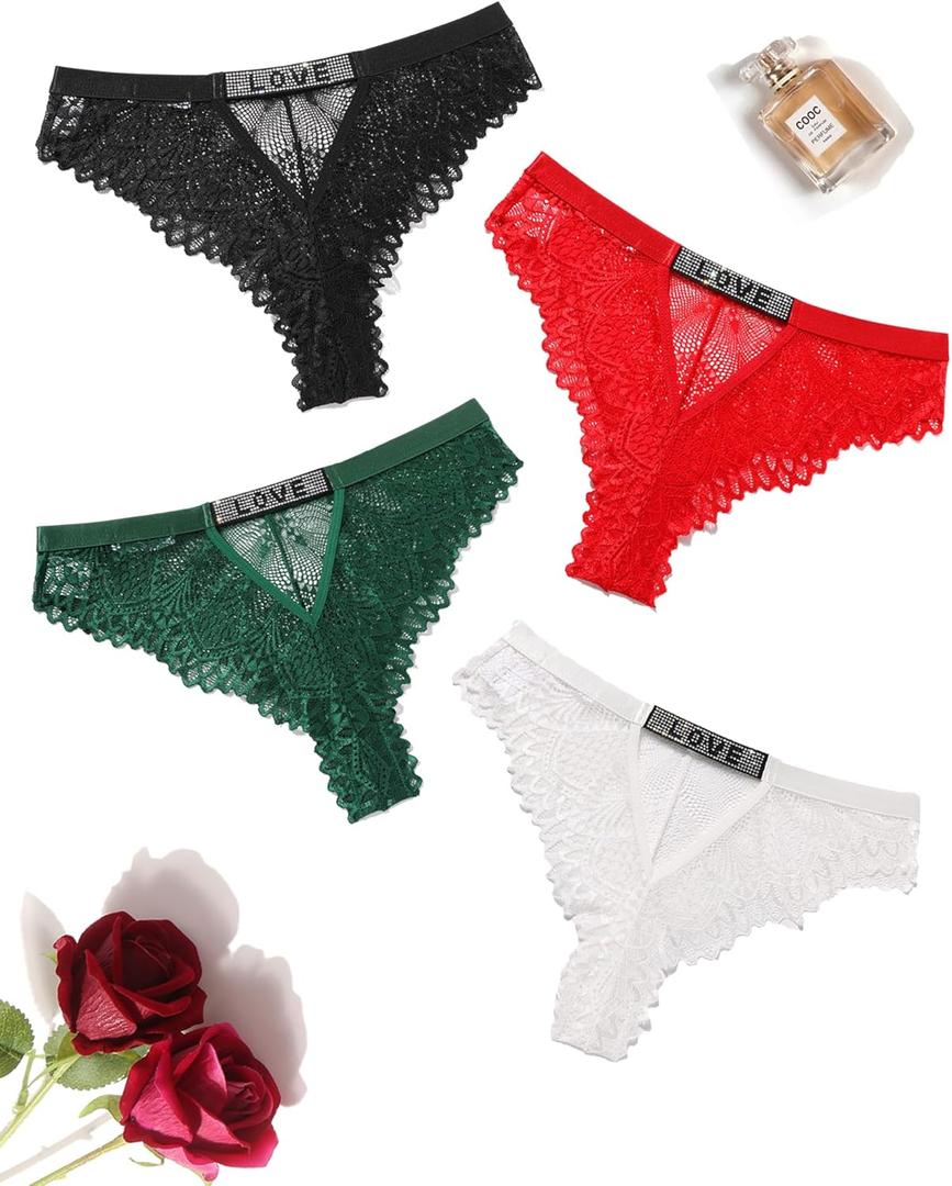 Avidlove Women Sexy Panties Lace Cheeky Panty Rhinestone Bikini Underwear 1-4 Pack (Large)