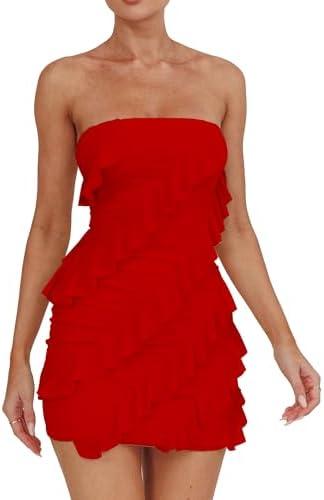 HOCILLE Women's Sexy Strapless Tube Top Bodycon Sleeveless Ruffle Mini Party Dress, Size Large