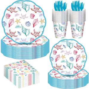 180PCS Summer Beach Party Paper Plate,Seashell and Starfish Paper Plates Supplies-Seashell and Starfish Plates, Cups, Napkins and Knife Fork For Birthday Baby Shower Bridal Wedding Party