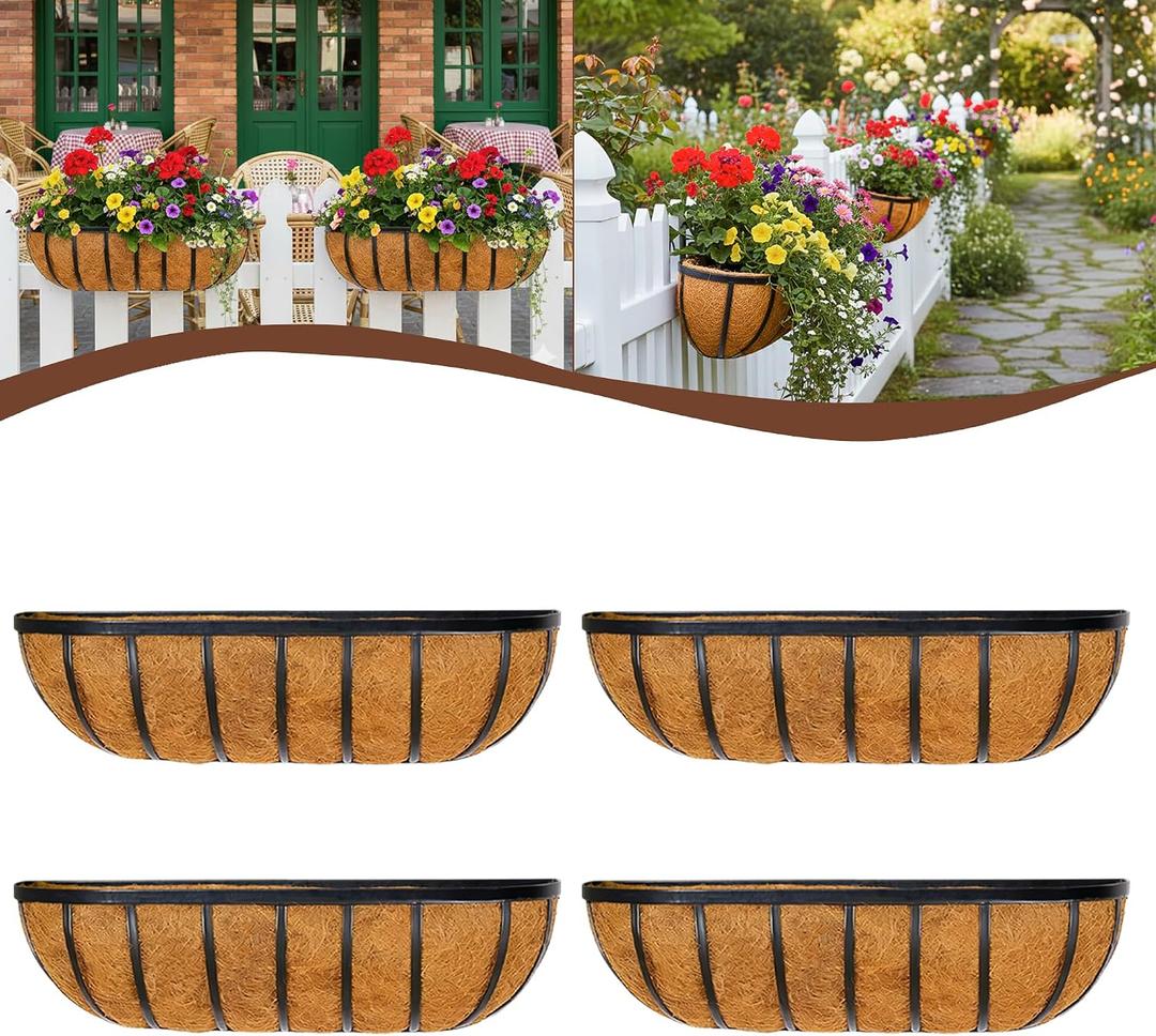 4 Pcs 24 Railing Planter Window Box Deck Railing Planter Boxes with Coco Liner English Horse Trough Planter Metal Wall-Mounted Planters Basket for Outdoor Balcony Porch Fence Patio Rail