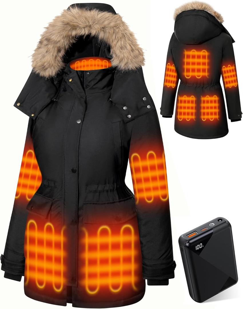 Heated Jackets for Women with 18400mAh 12V Battery Pack Included, Parka Womens Heated Jacket with Hood Skating (Medium, Black)