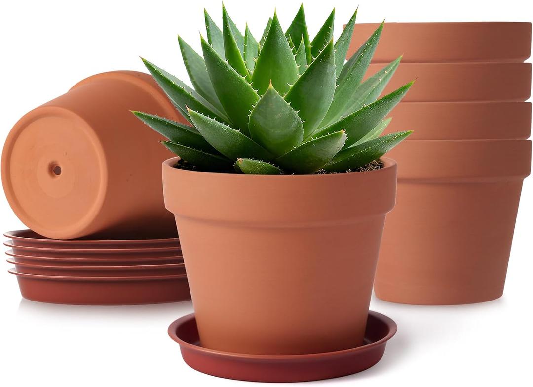 KOAMLY 2 PCS Clay pots and Plates, 5-inch red Clay pots with Drainage, Perfect for Indoor, windowsill, and Garden Plants