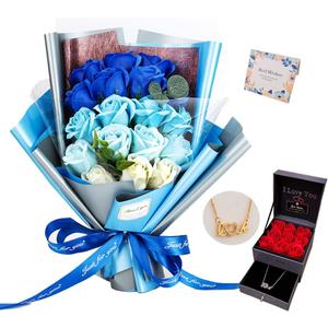 EIGHTOWN Roses Bouquet Artificial Flower - Preserved Blue Rose Flowers with Love Necklace for Her - Unique Gifts Valentine's Day, Mother's Day, Thanksgiving, Birthday, Anniversary (Navy and Blue)