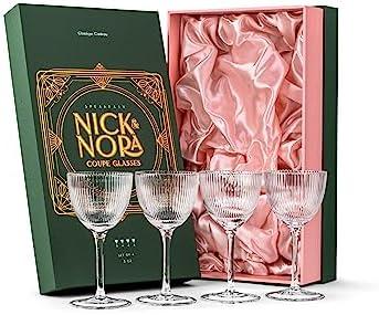 Vintage Art Deco Nick and Nora Coupe Glasses | Set of 4 | 5 oz Crystal Ribbed Cocktail Glassware for Drinking Classic Gin, Whiskey, Vodka Bar Drinks | Retro Long Stemmed Barware Goblets