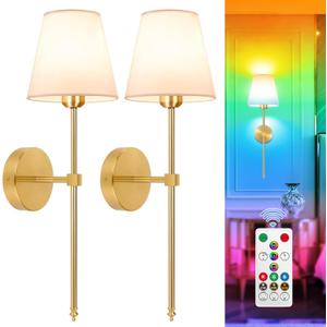 Adetu Battery Operated Wall Sconce Set of 2, 5CCT Gold Rechargeable Wall Lights with Remote, 10 RGB Dimmable Colors Wireless Battery Powered Wall Sconce Wall Lamp for Bedroom Living Room Wall Decor