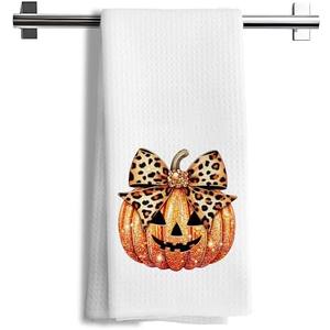 Nipil Coquette Leopard Bow Pumpkin Kitchen Towels, Halloween Pumpkin Dish Tea Towels, Preppy Fall Halloween Hand Towel for Kitchen Bathroom Decor, 16x24 Inch
