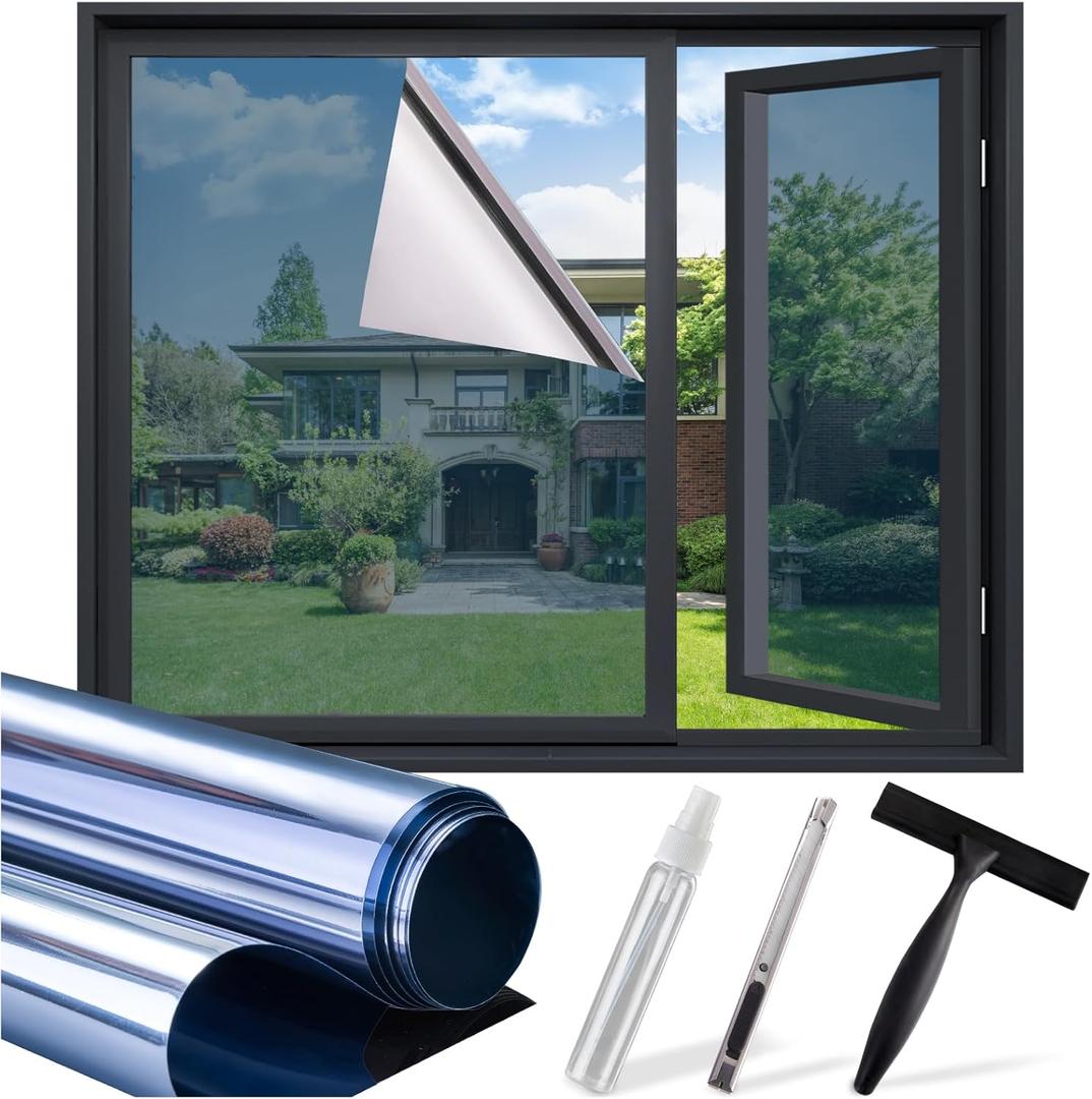 SUNBABY Window Tint for Home, One Way Privacy Film Heat & UV Blocking, Static Cling No Glue Renter Friendly Cover for Home Bedroom, Office & Sliding Glass Door, 23.6 x 78.7 Inch with 3 Tools, Blue