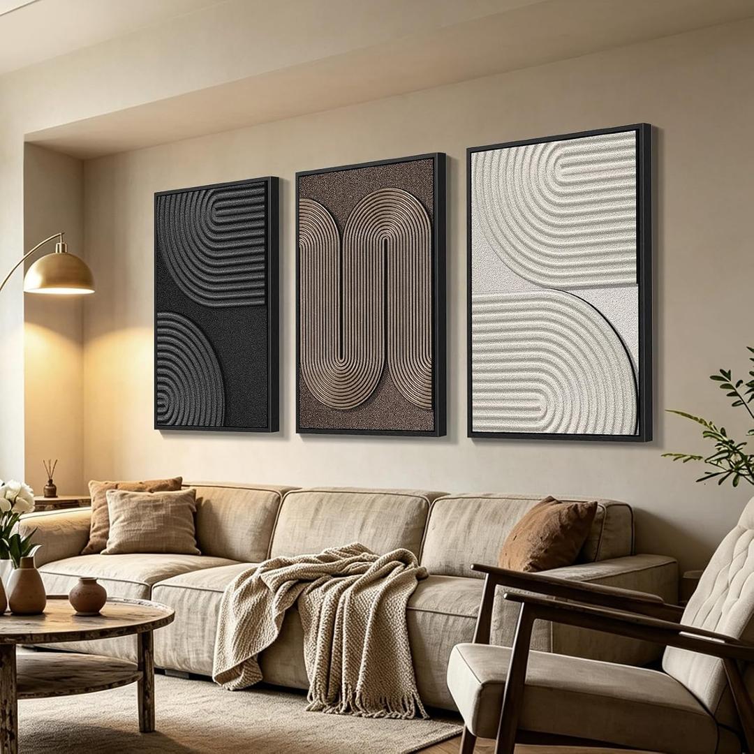 Azartslr Large 3D Abstract Solid Wood Framed Textured Wall Art, Modern Black White Sandstone Wall Decor For Living Room, Brown Minimalism 3piece Home Bedroom Art Painting, Geometric Artwork Dining Room Pictures Decoration, 24''W x 36''H x 3
