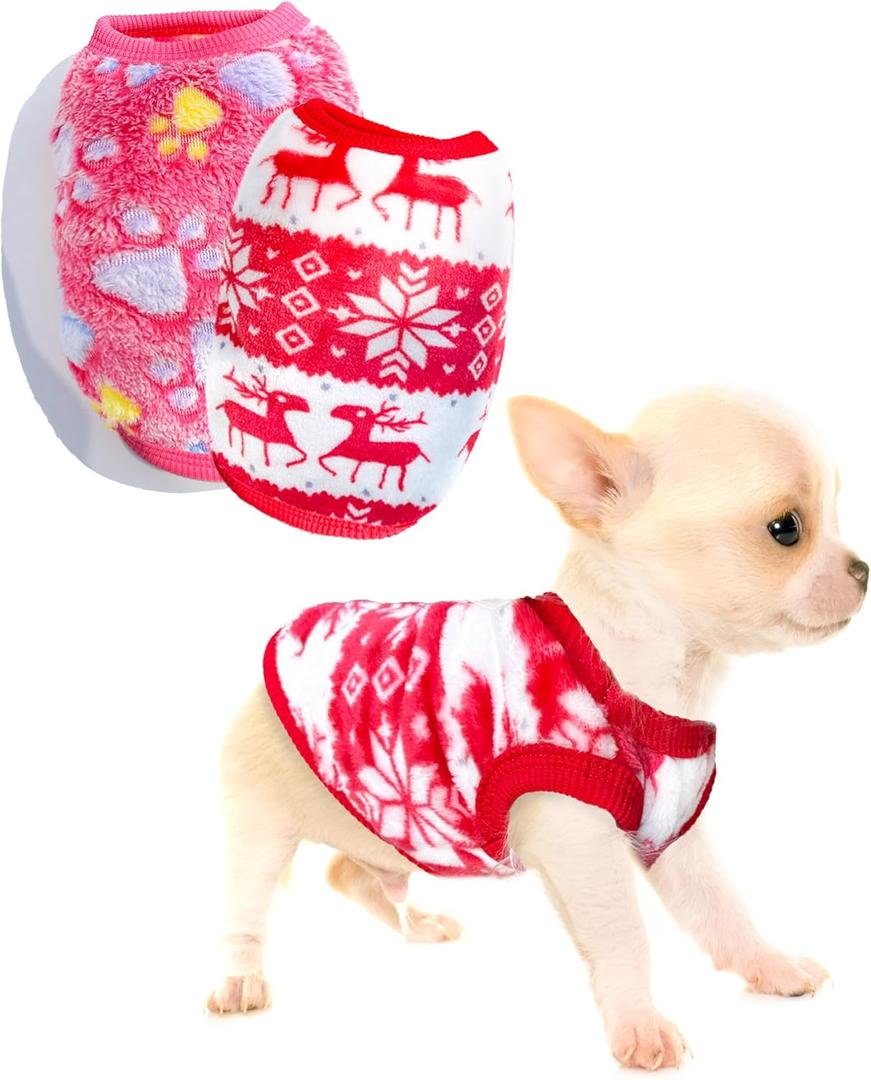 2 Pieces Dog Christmas Outfit Puppy Sweater Teacup Dog Clothes Chihuahua Clothes Reindeer Snowflake Xmas Pet Warm Winter Clothes for Extra Small Breeds Kitty Puppy Cat (X-Small)
