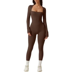 QINSEN Womens Sexy Square Neck Long Sleeve Full Length Leggings Bodycon Stretch Jumpsuit (Large, Brown)