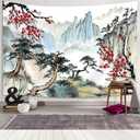 JAWO Cherry Blossom Japanese Wall Tapestry - Nature Landscape Decor for Living Room Home (80X60 inch, Blue)