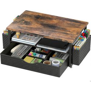 Spacrea Desk Organizer and Accessories, Computer Monitor Stand Riser with Drawer and 2 Pen Holders, Office Desk Accessories & Workspace Organizers for Office Supplies (Wood)