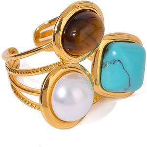 OIDIMS Geometric Turquoise Tiger Eye Pearl Statement Adjustable Open Ring for Women Bohemian Style Fashion Gold Plated Stacking Finger Rings Stainless Steel Fashion Wedding Cocktail Party Y2K Jewelry