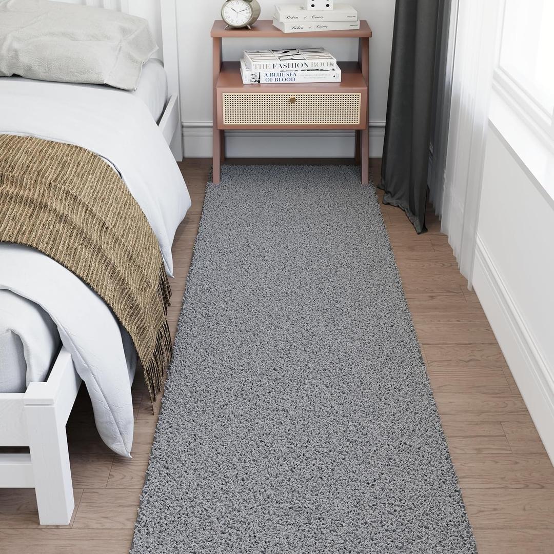 Ottomanson Long Shag Runner Rug 2' x 18', Fluffy Extra Long Hallway Runner with Non-Slip Rubber Backing, Soft Non-Shedding Rug for Corridor, Entryway, Kitchen, Laundry, Gray