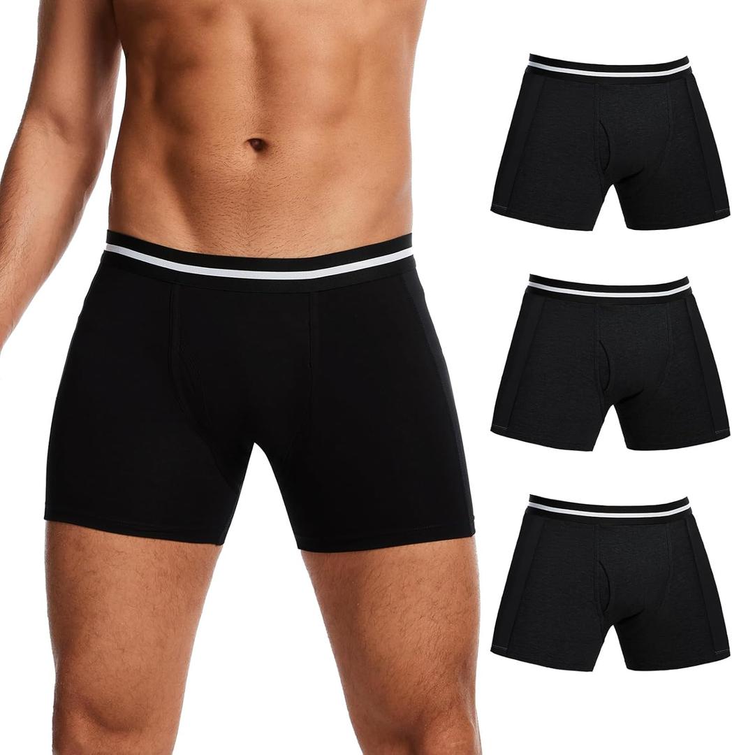 Men's Washable Incontinence Boxer Briefs with Fly, Cotton & Mesh Breathable Reusable Urinary Leakproof Underwear, Front & Rear Protection, 120ml Absorbency (3 Pack, Black, XL)
