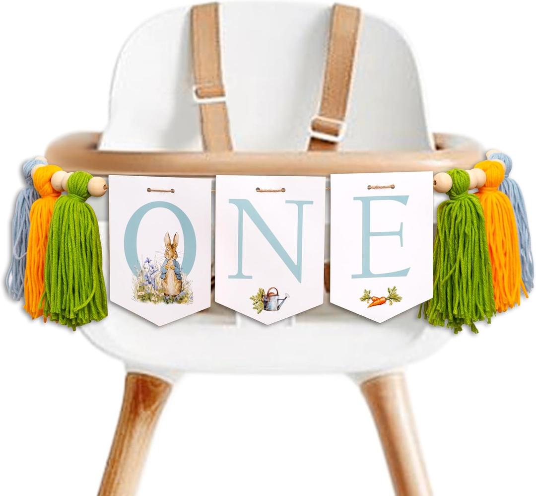 Peter Rabbit One High Chair Banner - Peter Rabbit Themed First Birthday Decoration HighChair Banner,Easrer Themed 1st Bithday Decor Banner (rabbit tassel banner)