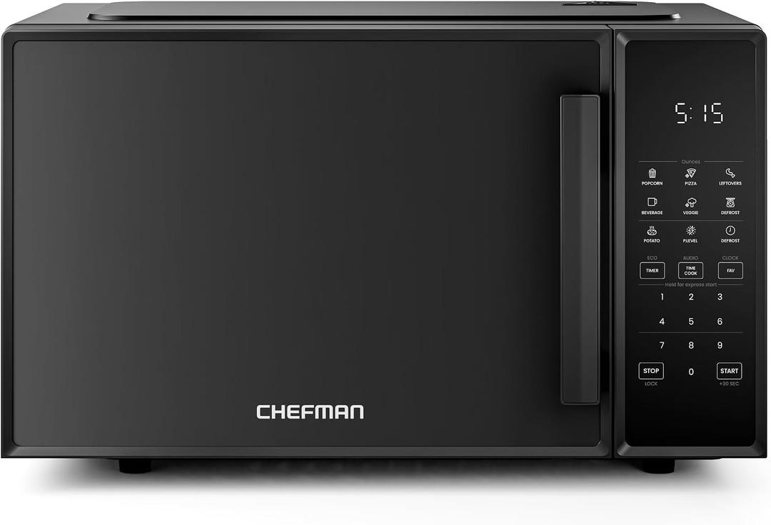 Chefman Countertop Microwave Oven 0.9 Cu. Ft., 900 Watts with 10 Power Levels, 6 Cooking Presets with One-Touch Express Cook, Eco Mode, Child Safety Lock, & Mute Button - Black