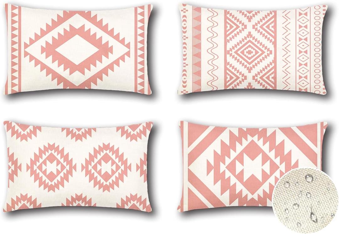 OTOSTAR Outdoor Waterproof Throw Pillow Covers 16x24 Inch Set of 4 Boho Farmhouse Outdoor Cushion Covers for Patio Funiture Garden（Geometry80-Pink）
